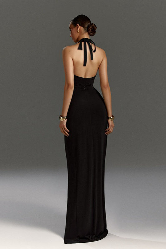 Halter Deep V-Neck Backless Ruched High Split Maxi Dress - View 4