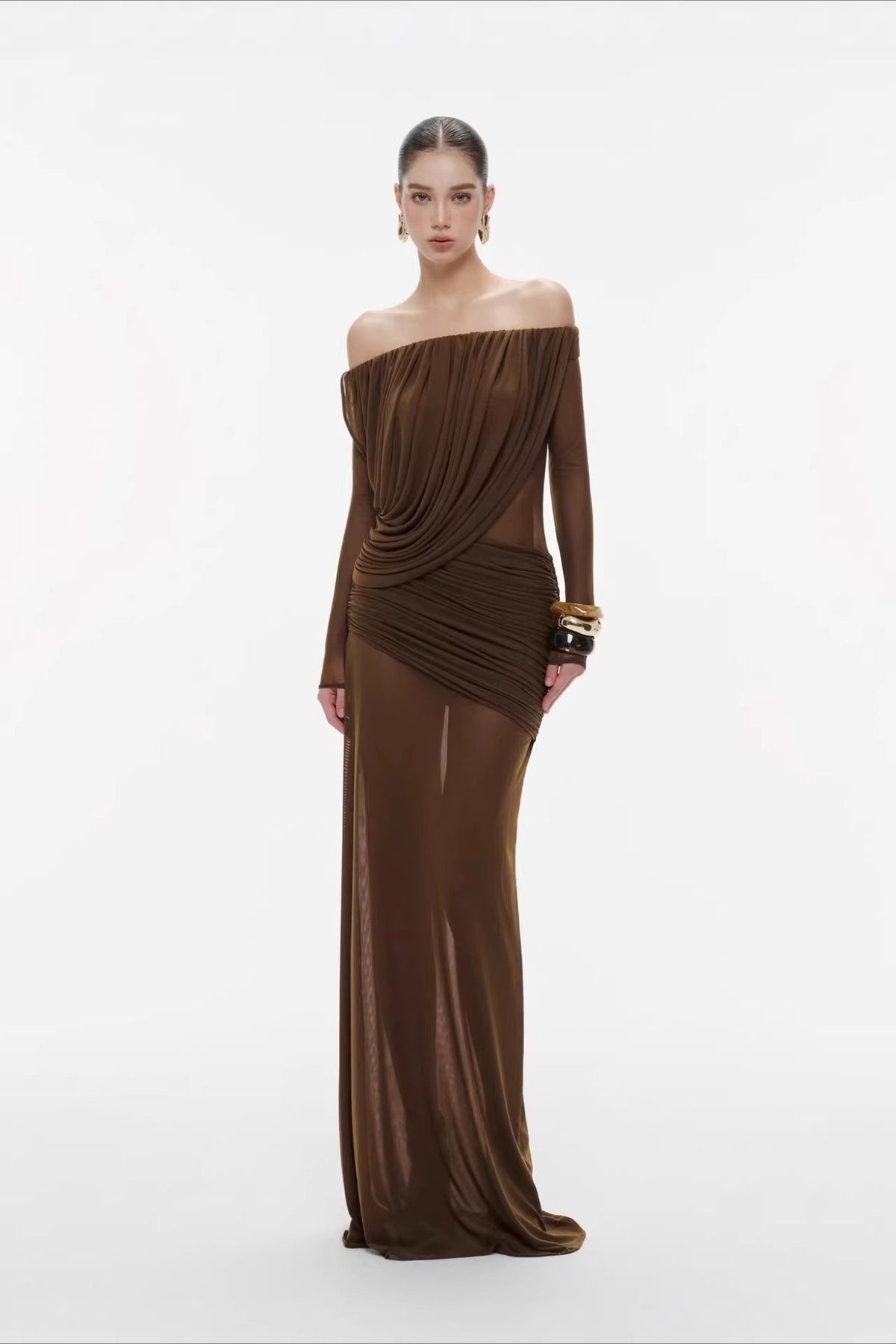 Mesh Off-Shoulder Long Sleeve Draped Column Maxi Gown