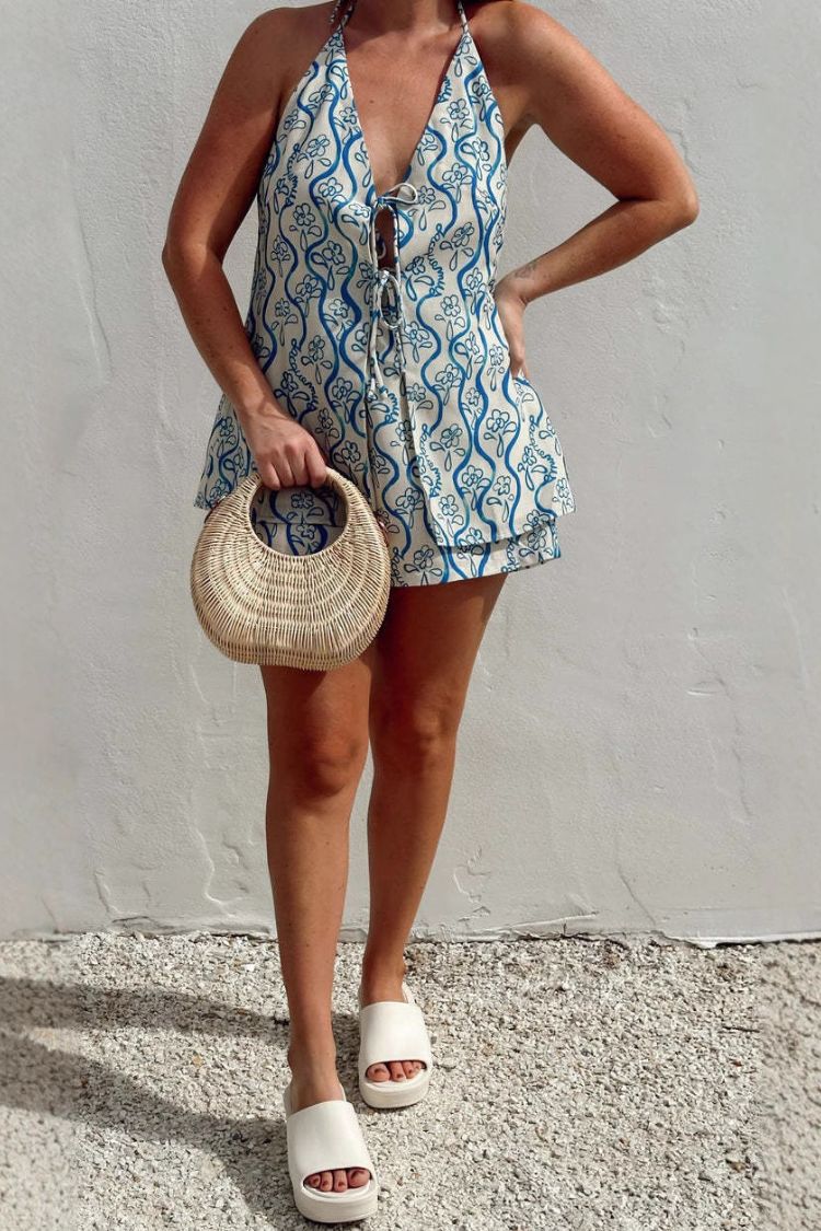 Linen Lace-Up V-Neck Open Back Suspender Shorts Set - Fashionpara