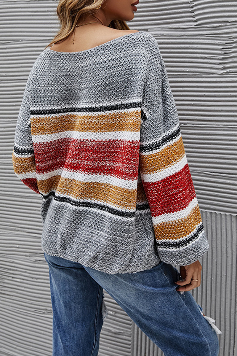 Uniqshe Off Shoulder Striped Lantern Sleeve Sweater