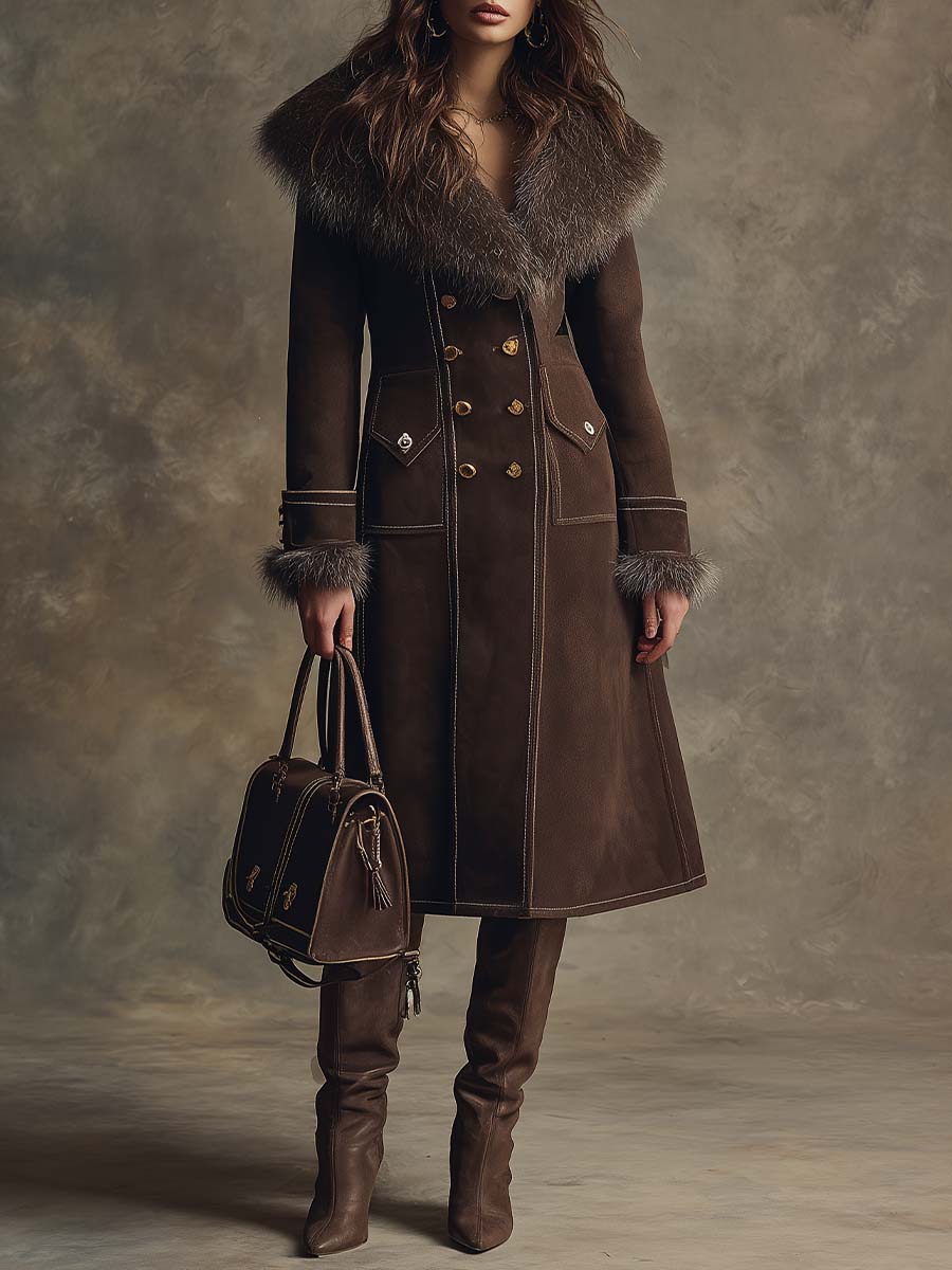 Vintage Brown Eco-Suede Double-Breasted Coat With Faux Fur Collar - Fashionpara