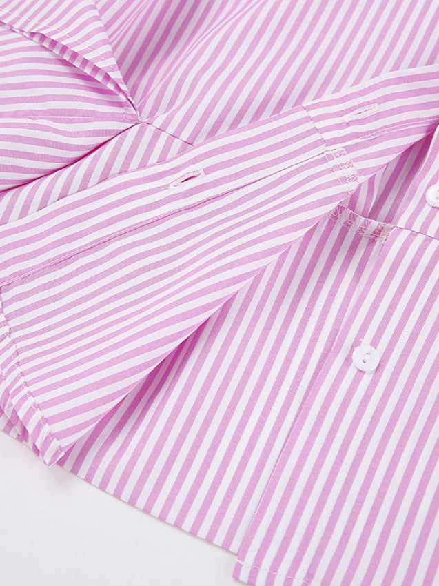 Striped Tie Waist Long Sleeve Blouse - Fashionpara