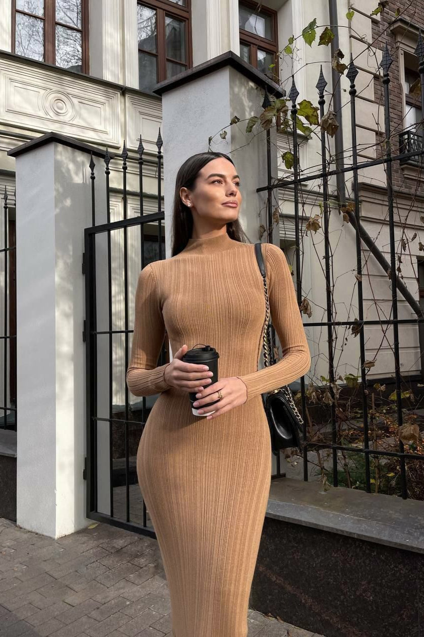 Turtleneck Striped Knit Slim-Fit Long Sleeve Sweater Dress