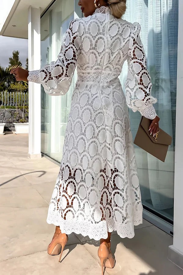 Francisca Crochet Lace Lantern Sleeve Midi Dress - View 17