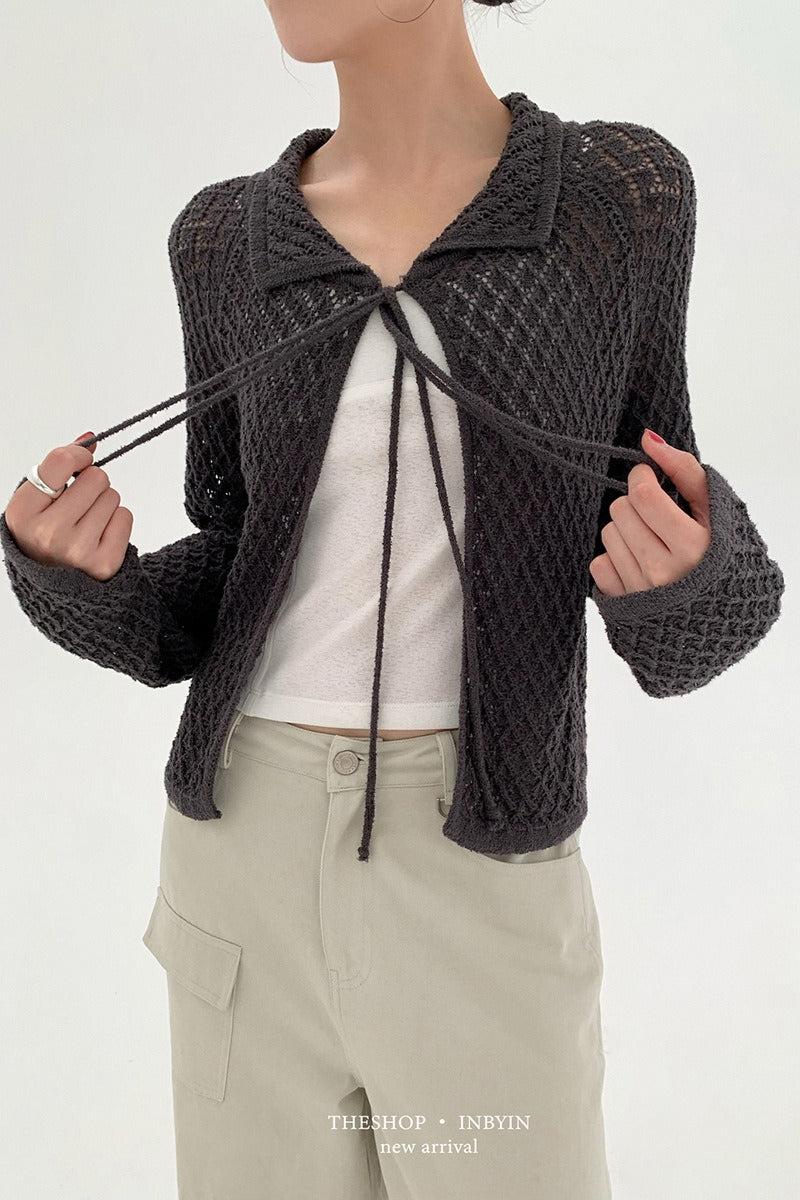 Hollow-Out Long Sleeve Tie-Waist Knit Cardigan for Style