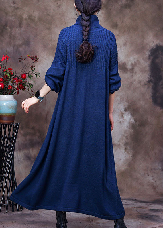 Knit Turtleneck Long Sleeve Ribbed Panel Oversized A-Line Maxi Dress - View 4