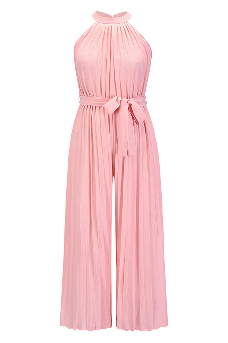 Accordion-pleated Belted Grecian Neck Sleeveless Jumpsuit Fashionpara