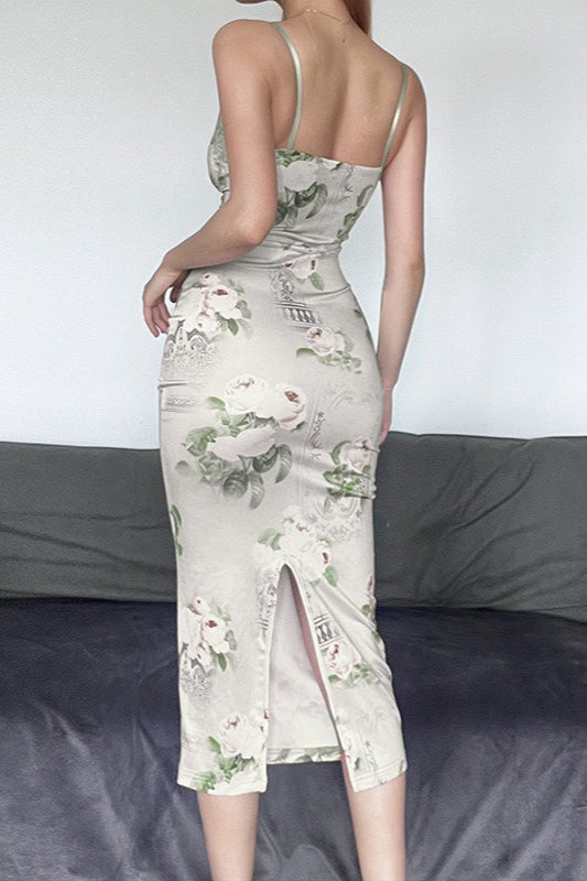 Floral Satin Spaghetti Strap Lace Trim Ruched Midi Dress - View 6