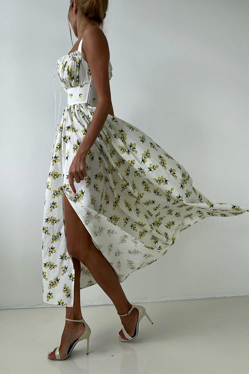 Lemon Print Off Shoulder Corset High Split Maxi Dress 6