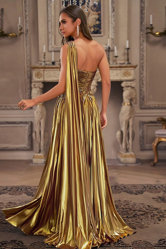 Metallic One-Shoulder Pleated Cape A-Line Gown
