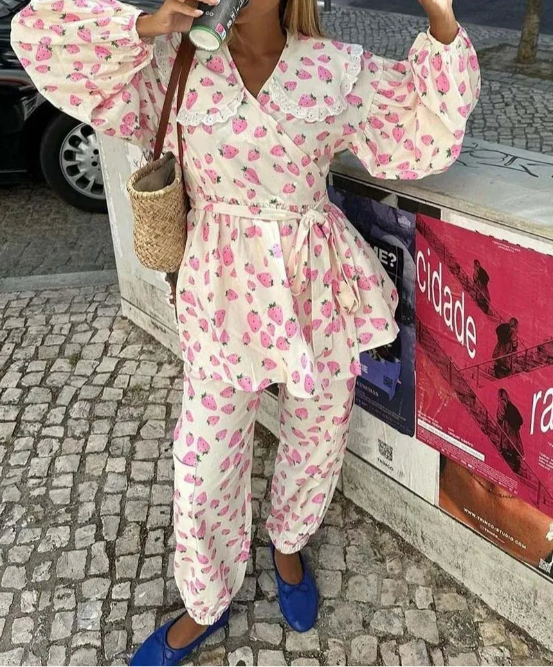 Pink Print Peter Pan Ankle Pants Office Two Piece Set