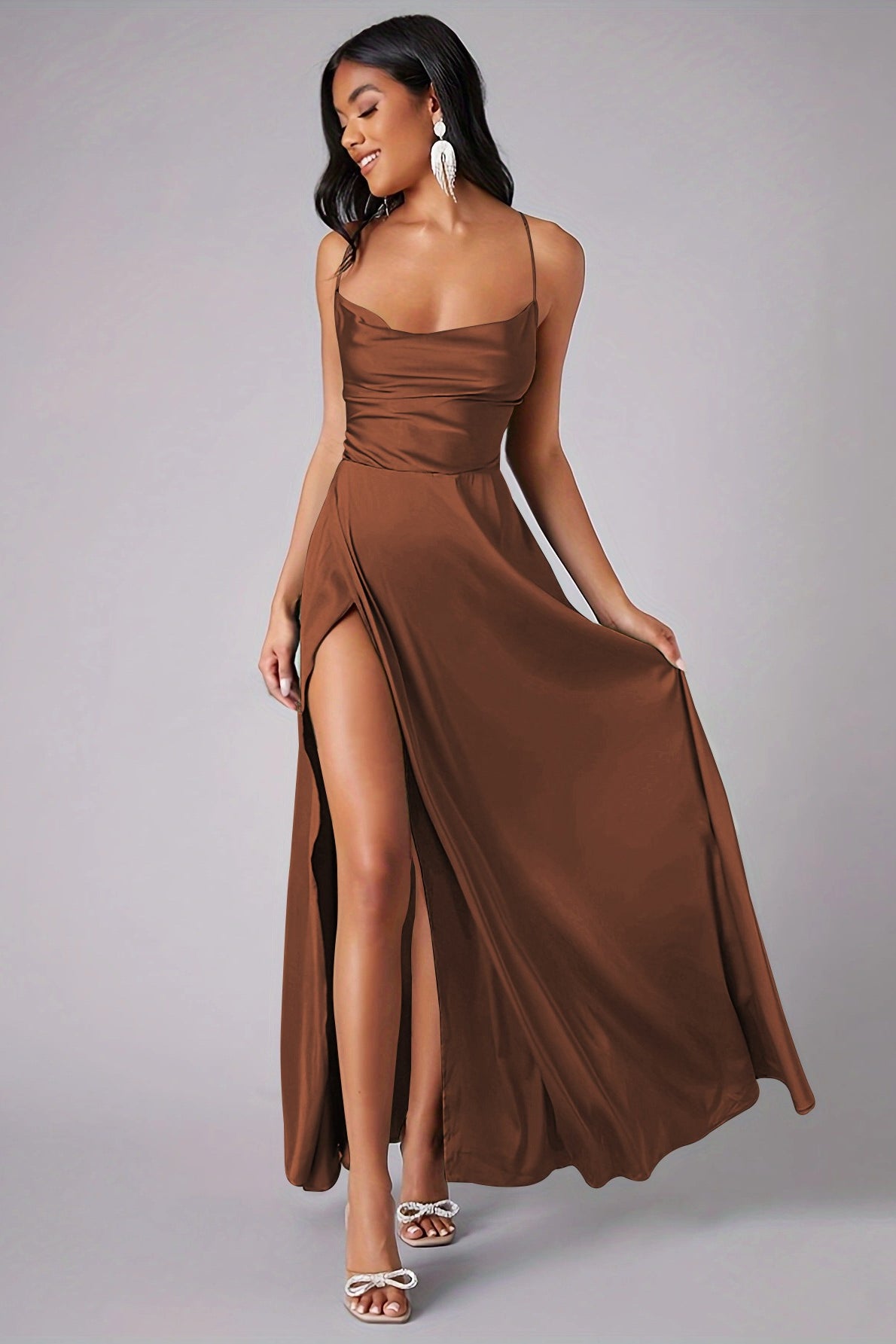 Satin Cowl Neck High Split A-Line Maxi Dress - View 4