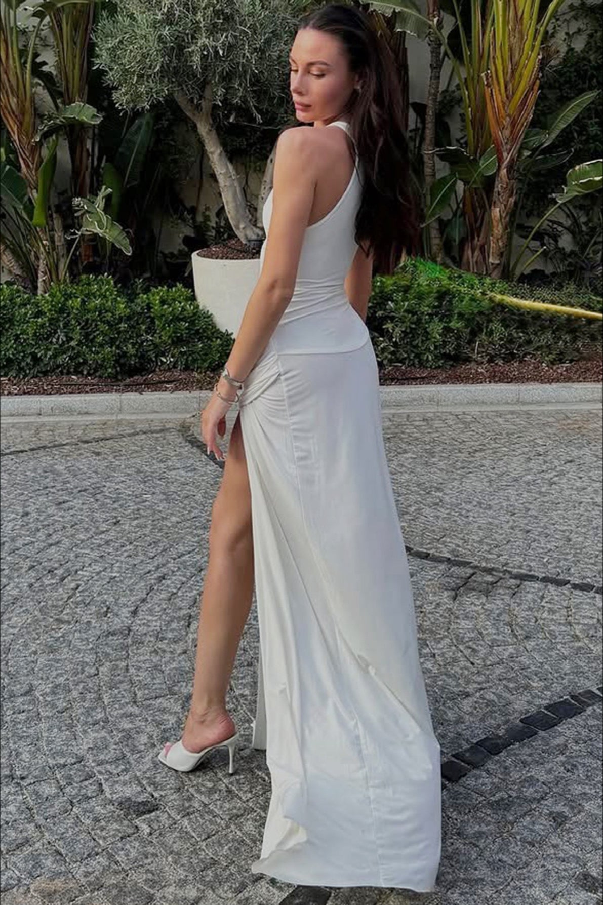 Scoop Neck Sleeveless Ruched High Split Bodycon Maxi Dress