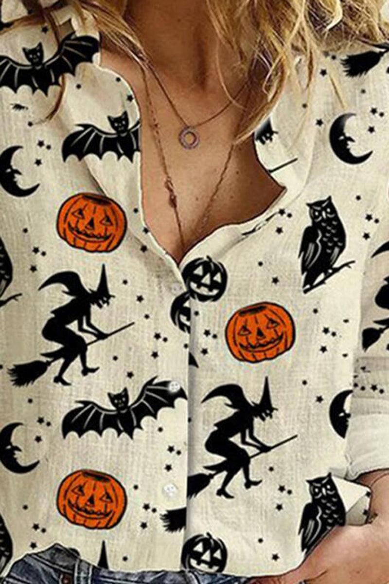Print Lapel Long Sleeves Button Up Casual Halloween Shirt Blouses  Fashionpara