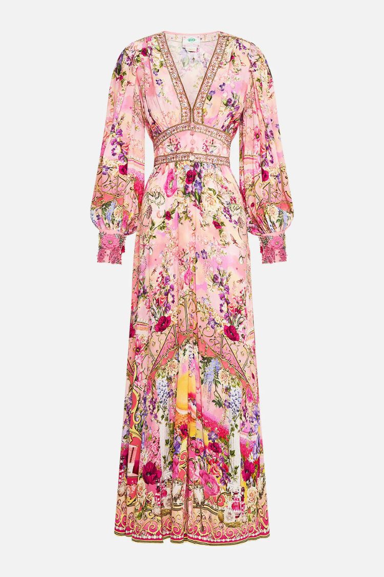 Printed V-neck Long-sleeved Puff Sleeve Waist Maxi Dress - Fashionpara