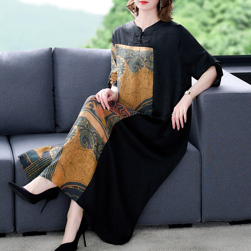 Patchwork Print Mandarin Collar Three-Quarter A-Line Midi Dress - View 3