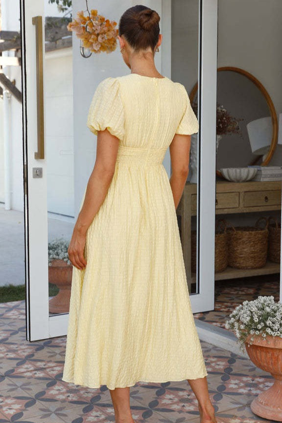 V-Neck Puff Sleeve Button-Front Ruched A-Line Maxi Dress 6