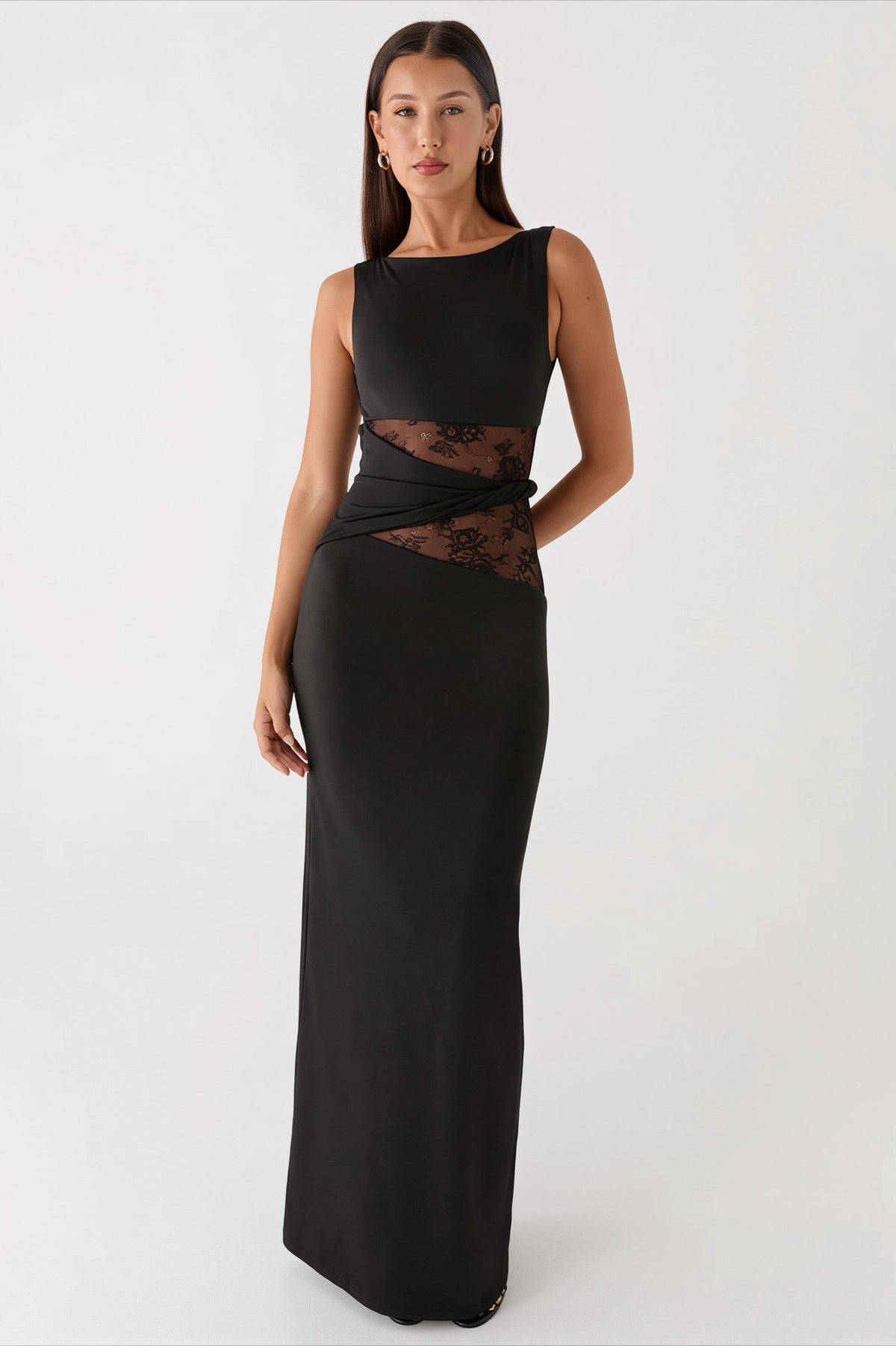 Boat Neck Sleeveless Lace Waist Cutout Column Maxi Dress