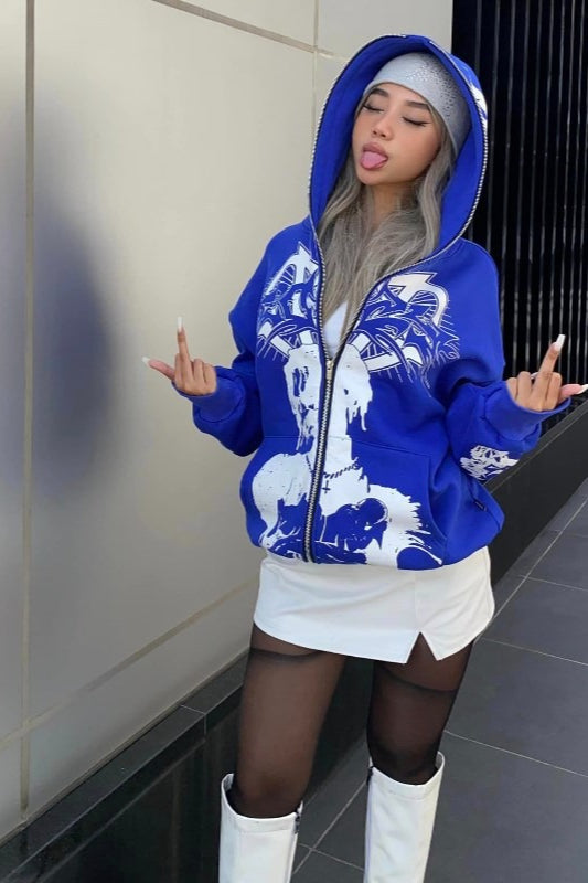 Loose Portrait Print Zip Hoodie - Fashionpara