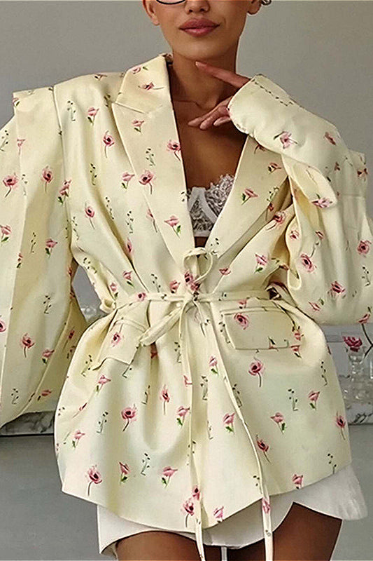 Stylish Printed Tie Button Lapel Coat for Effortless Chic