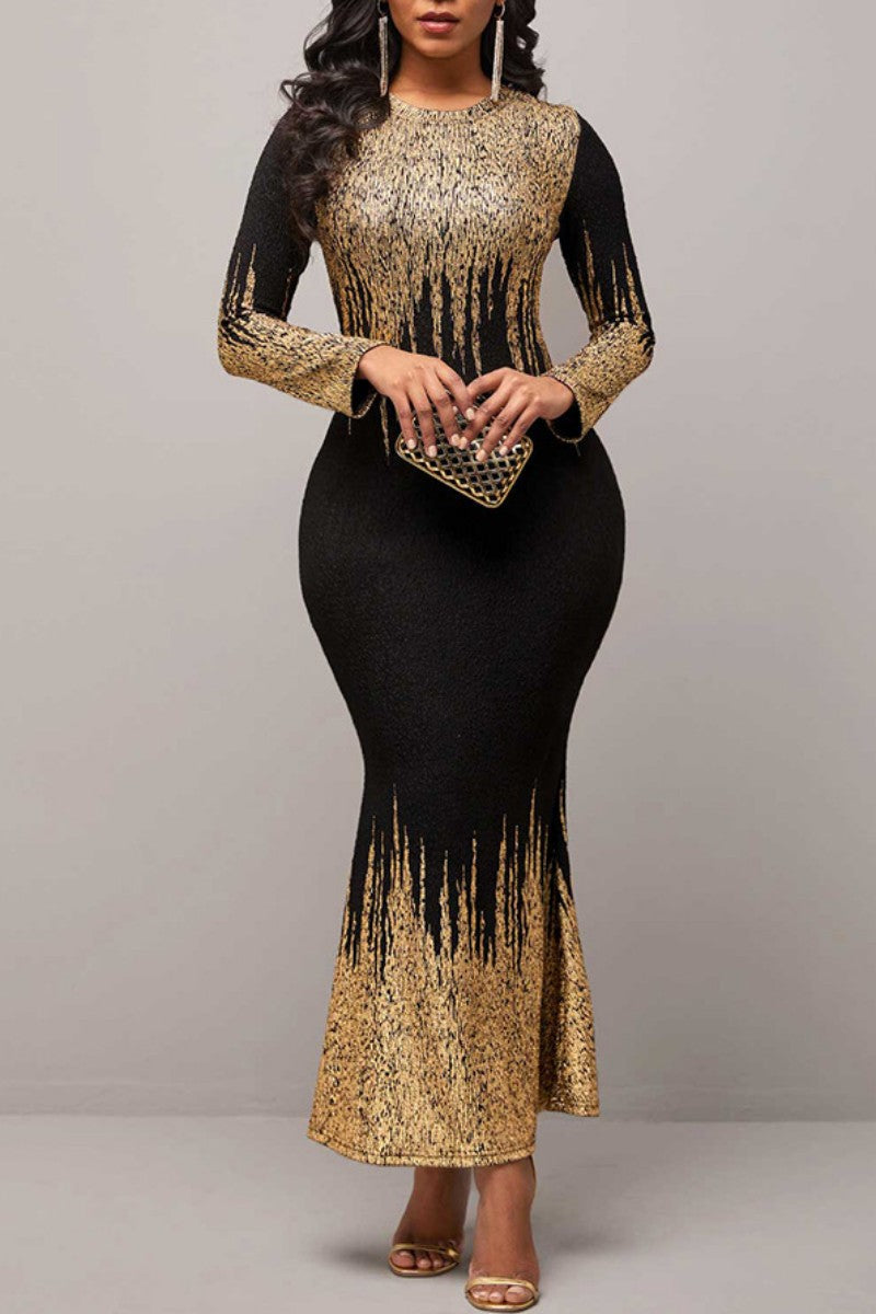 Casual Print Patchwork O Neck Long Sleeve Dresses  Fashionpara