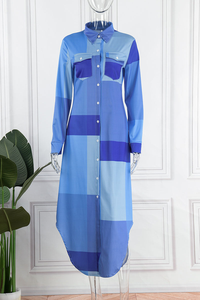 Casual Striped Print Patchwork Buckle Turndown Collar Shirt Dress Dresses Fashionpara