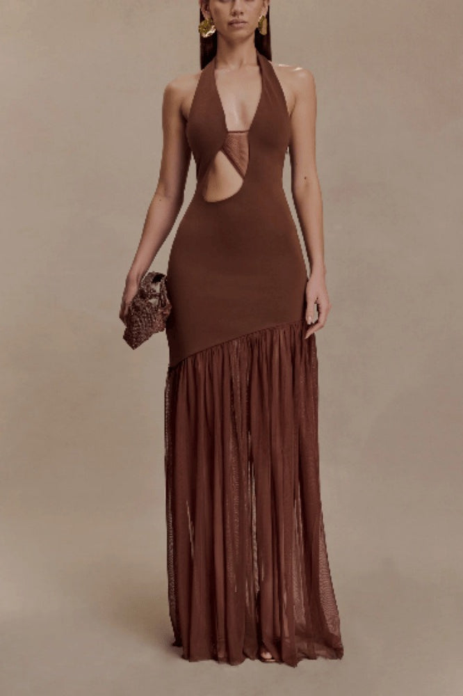 Halter Deep V Neck Cut Out Sheer Mesh Maxi Dress