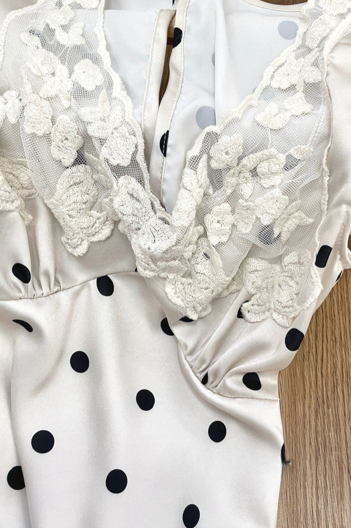 Polka Dot Lace Trim Cap Sleeve Satin Maxi Dress 4