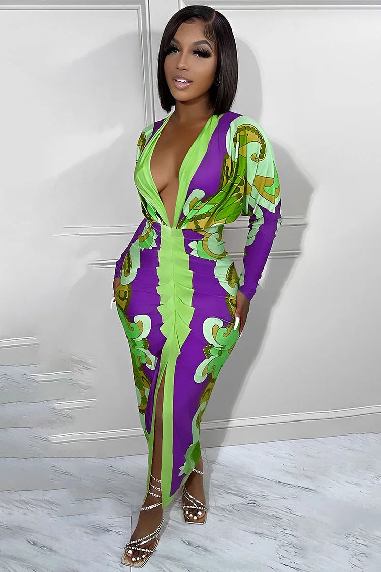 PRINTED DEEP V NECK PLEATED SLIT BODYCON MAXI DRESSES - Fashionpara