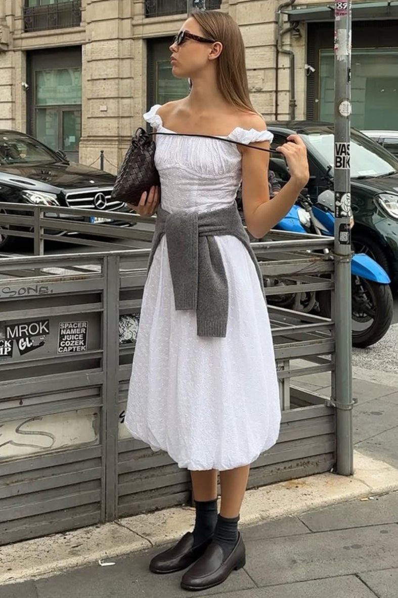 Off Shoulder Ruched Bubble Hem Midi Dress 3