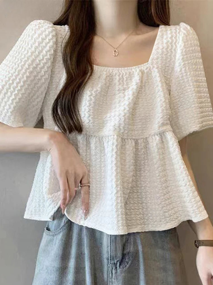 Short Sleeve Pleated Textured Blouse Summer Blouse