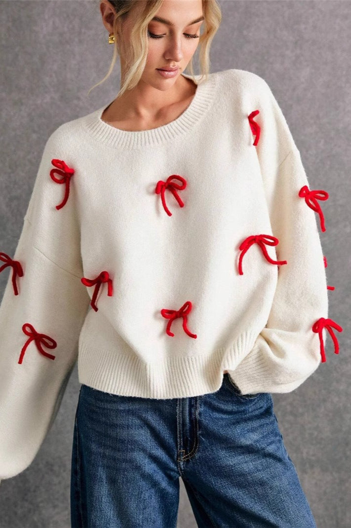 Loose Fit Red Bow Pullover Sweater
