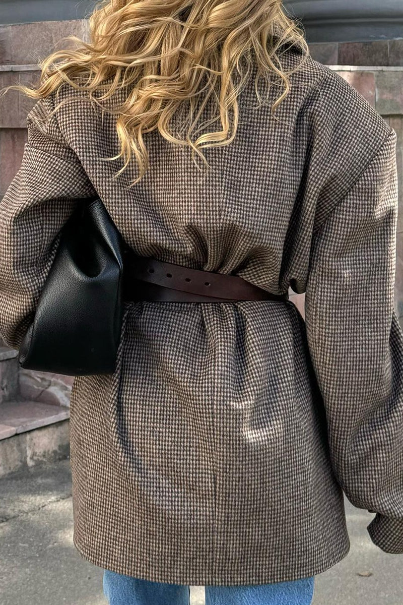 Sophisticated Houndstooth Wool Blend Long Coat for Elegance