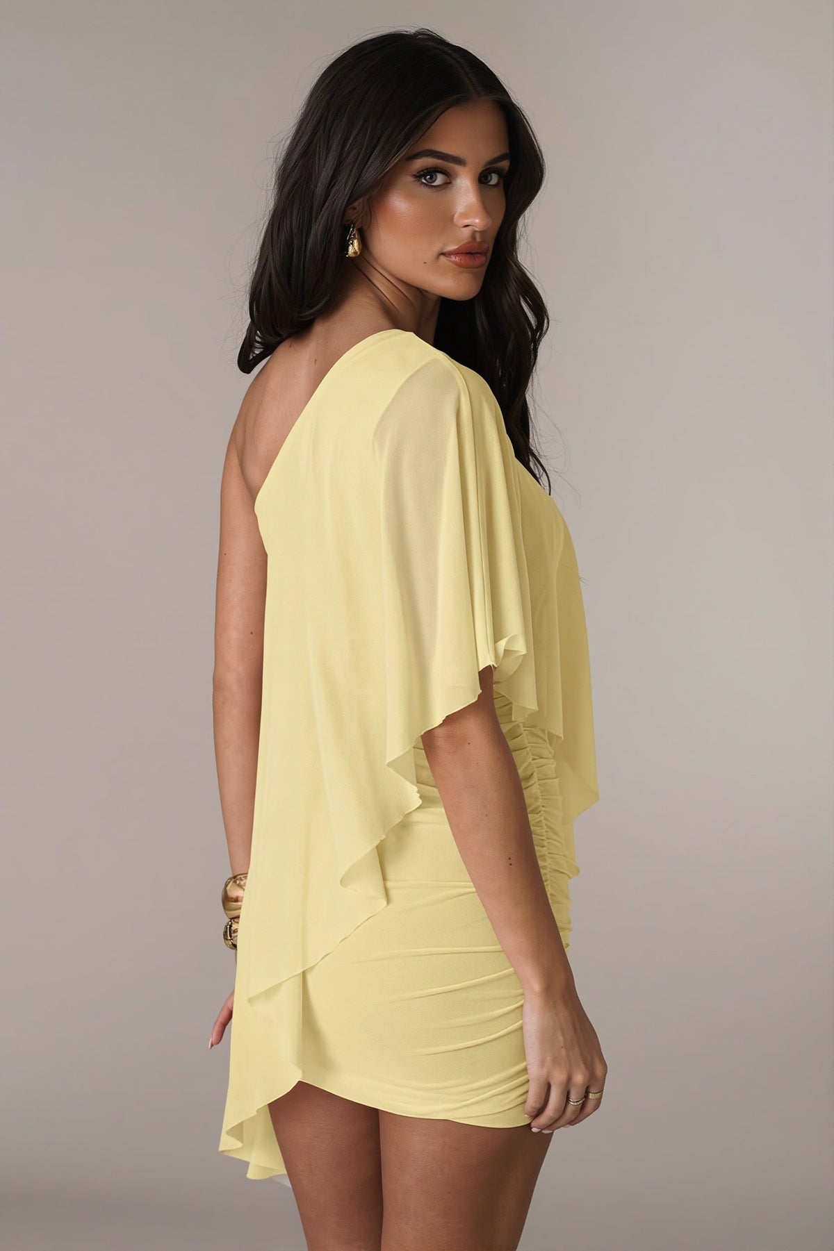 One Shoulder Cape Overlay Ruched Mini Party Dress