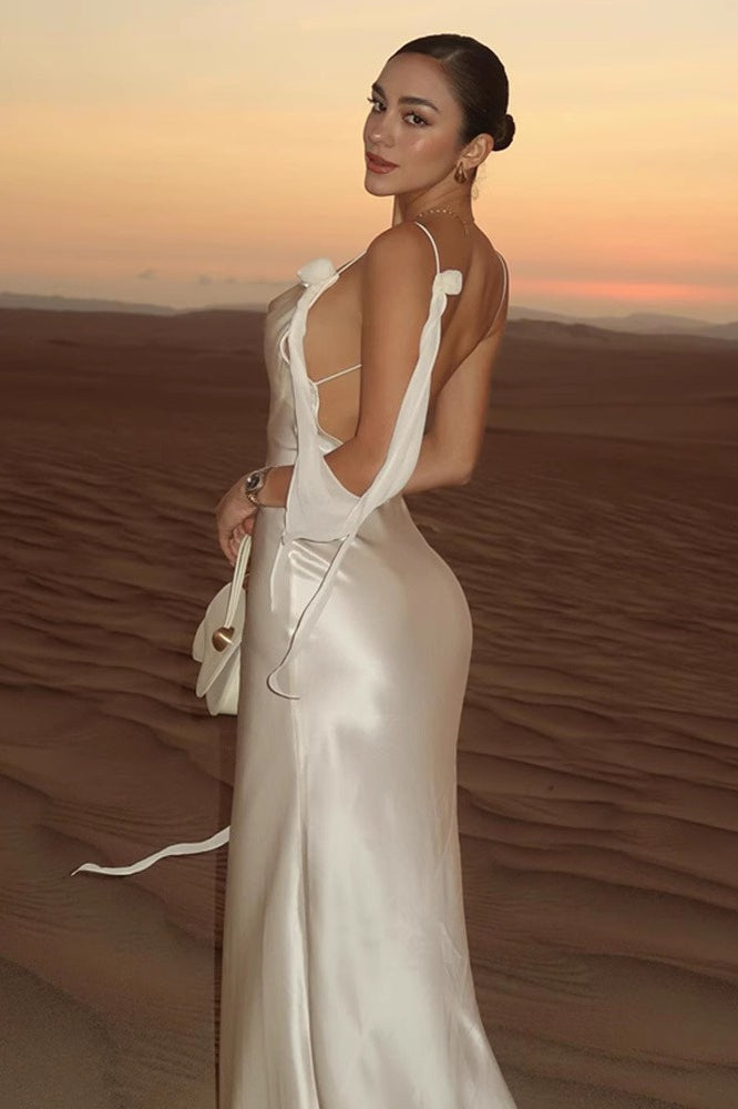 Satin Cowl Neck Spaghetti Strap Low-Back Slip Maxi Dress