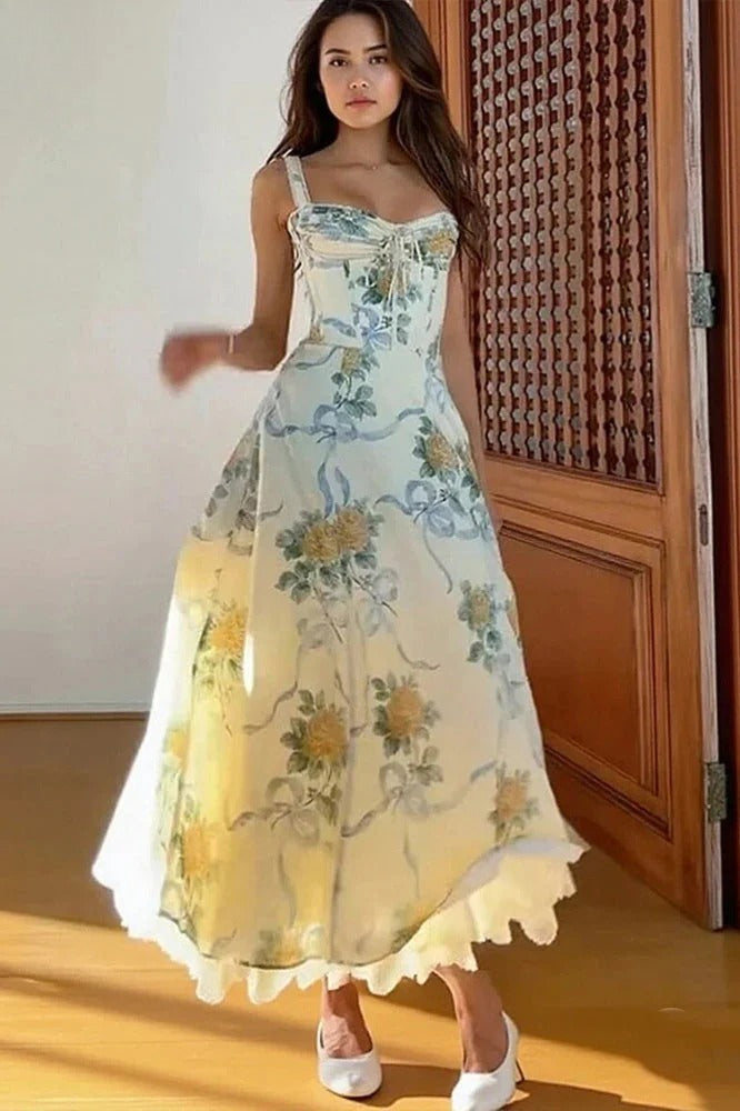 Floral Print Sweetheart Lace-Up A-Line Midi Dress