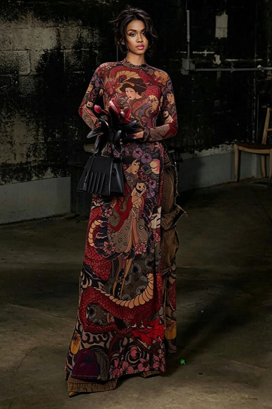 Graphic Print High Neck Long Sleeve Maxi Dress 4