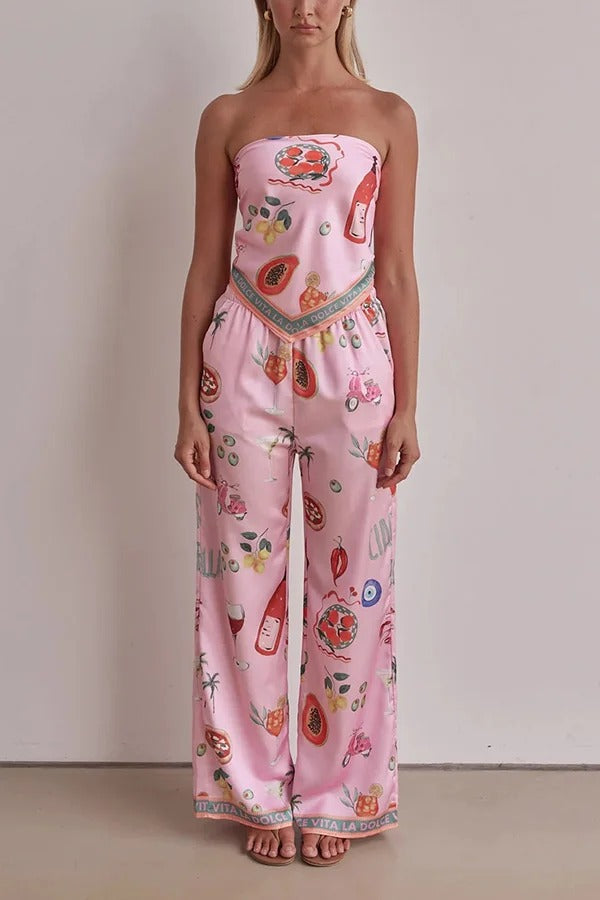 Linen Blend Unique Printed Bandeau Top and Elastic Waist Pocket Pants Set - Fashionpara