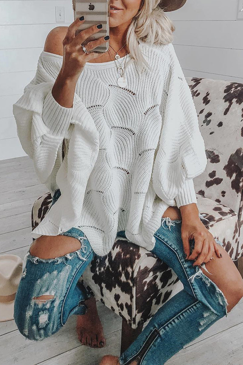 Lantern Sleeve Wide Neck Loose Sweater  Fashionpara