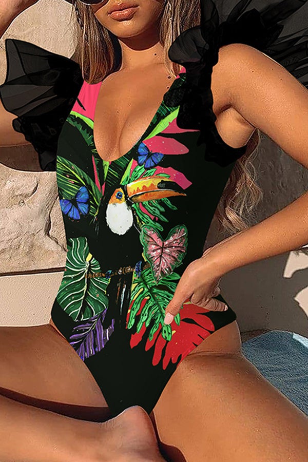 Ruffled V-Neck Print One-Piece Swimsuit - Fashionpara