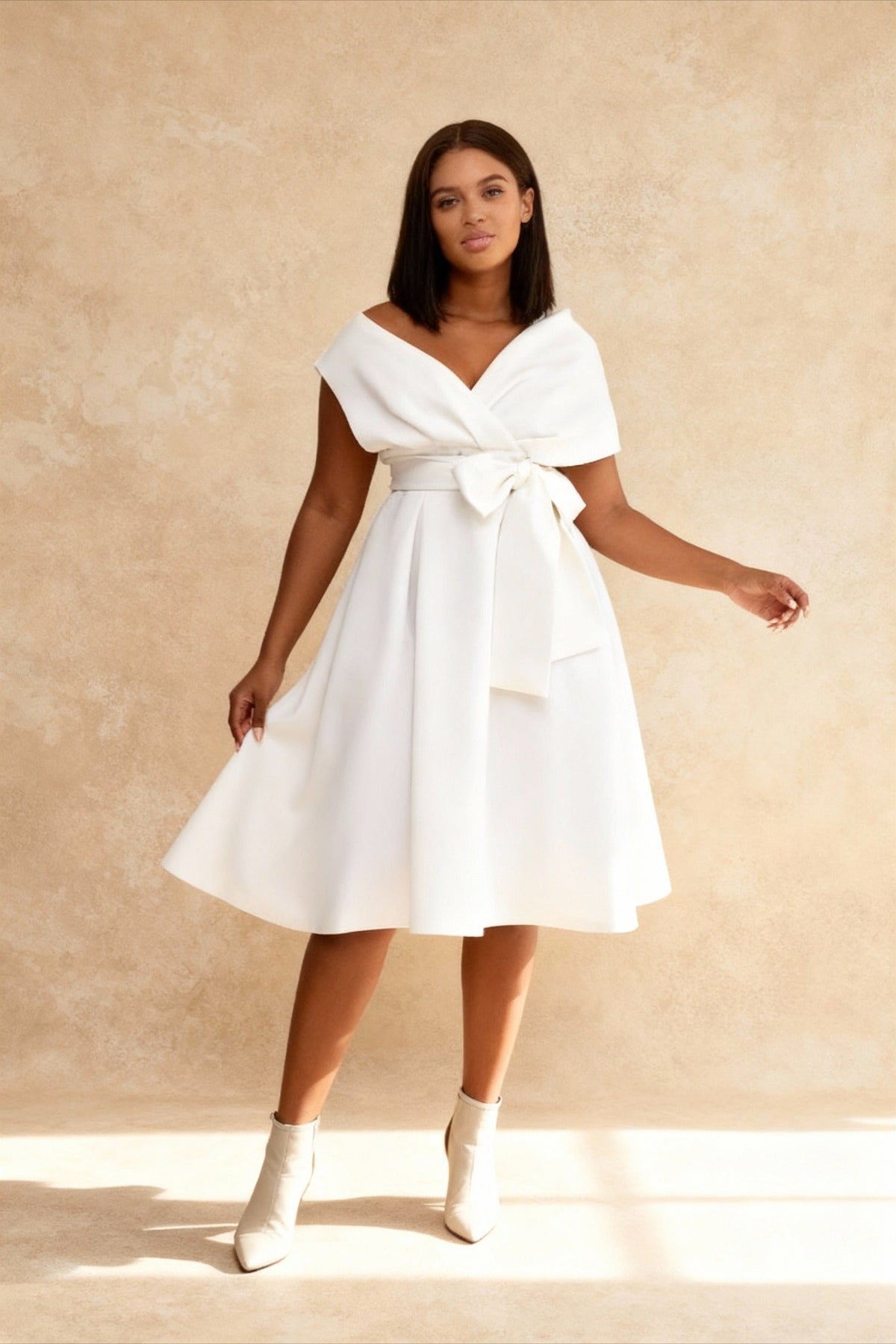 Off-Shoulder Portrait Collar Belted A-Line Midi Dress