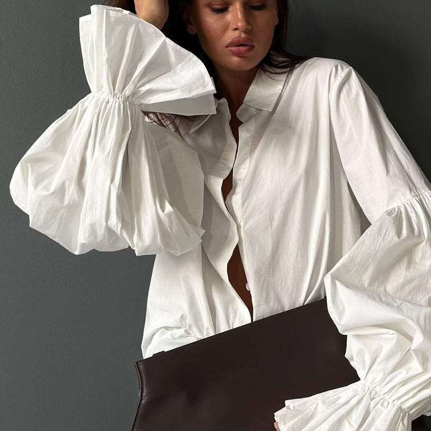 Loose Fit Lantern Sleeve Lapel Blouse