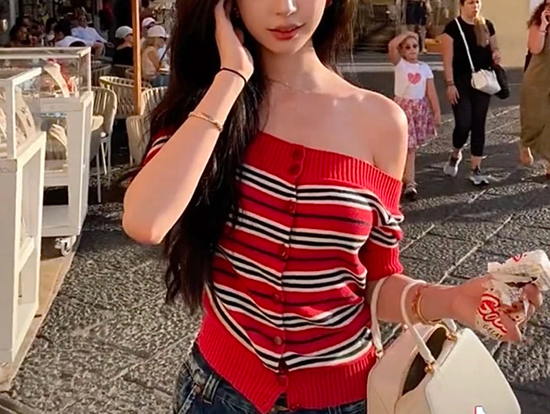 Y2K Striped Knitted Off Shoulder Button-front Sweater Knit Top Red / One Size knittop-250126
