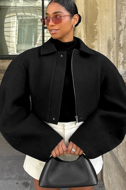 Zipper Lapel Wool Short Jacket