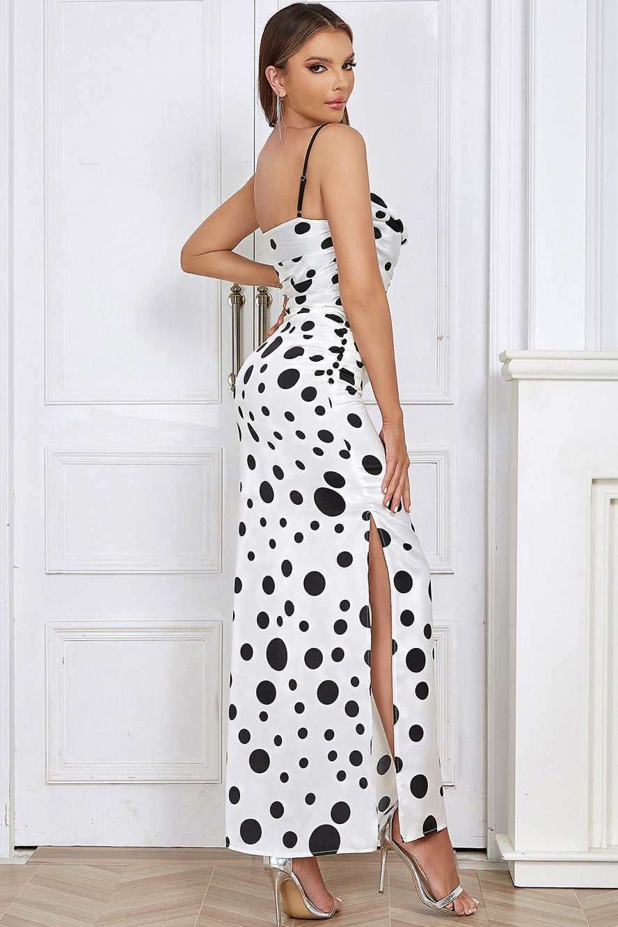 Polka Dot Satin Cowl Neck High Split Maxi Dress 2