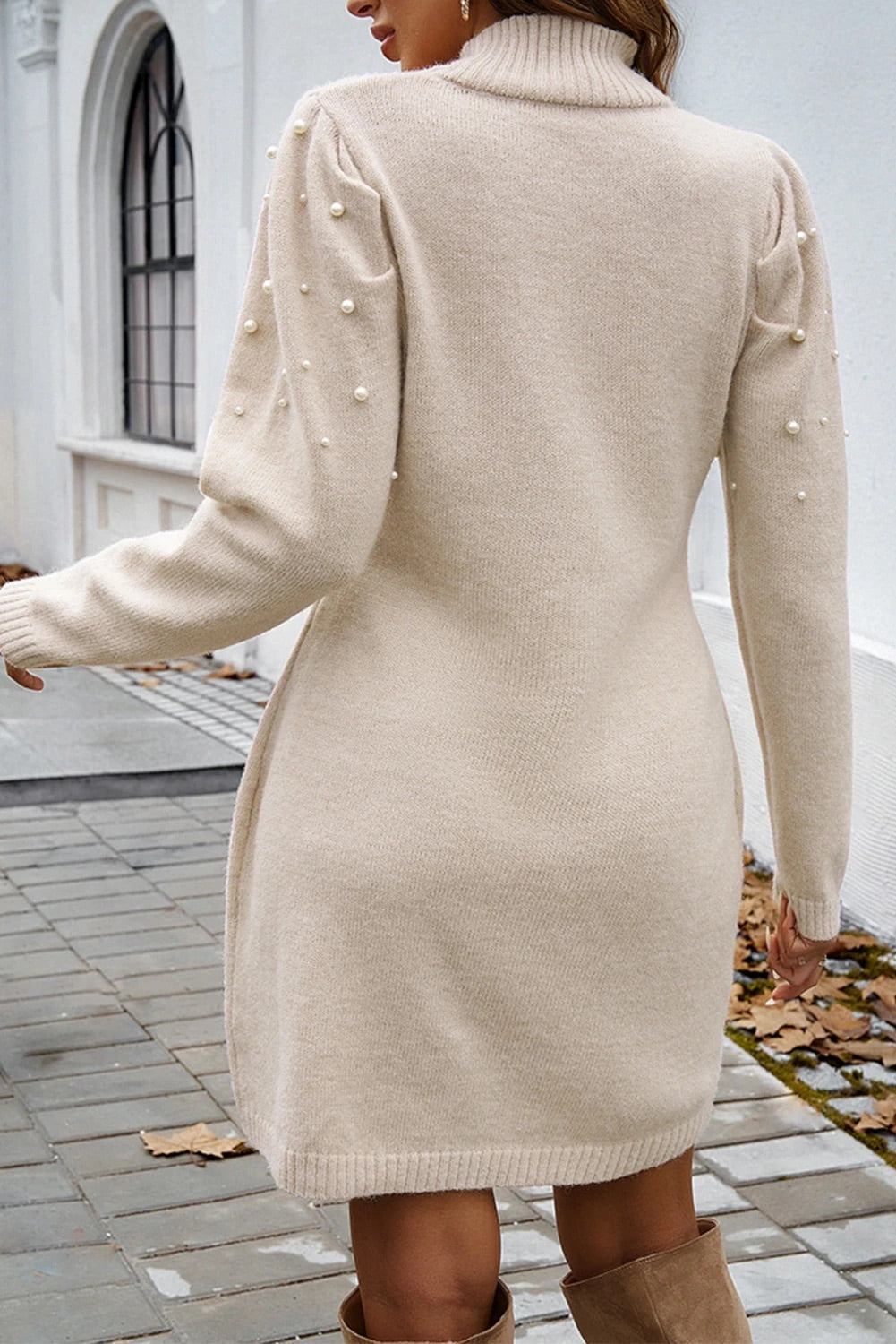 Pearl Beaded Mock Neck Puff Shoulder Knit Bodycon Mini Dress - View 4