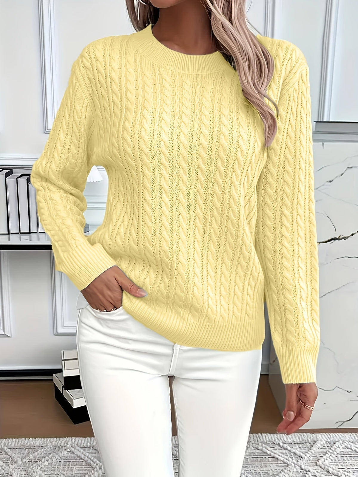 Crew Neck Long Sleeve Cable Knit Sweater 5
