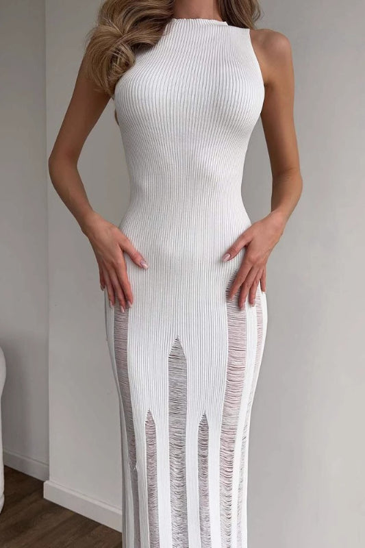 Ribbed Knit High Neck Sleeveless Bodycon Maxi Dress
