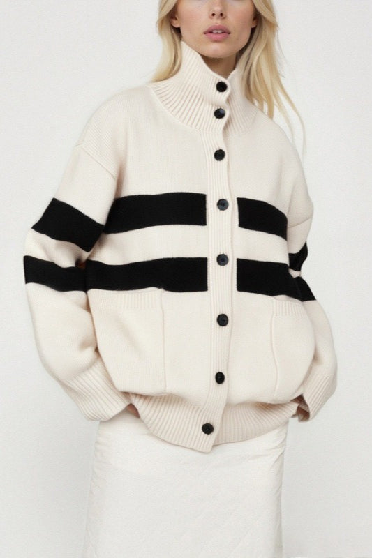 High Neck Color Block Stripe Cardigan