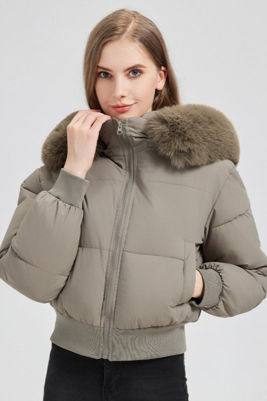 Quilted Cropped Faux Fur Collar Coat - Fashionpara